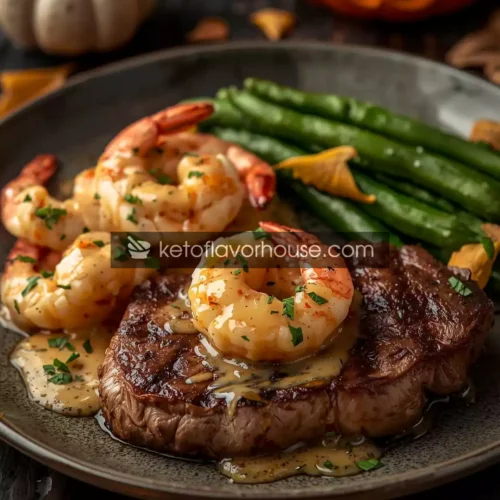 New York Strip Steak with Shrimp in Creamy Garlic Sauce