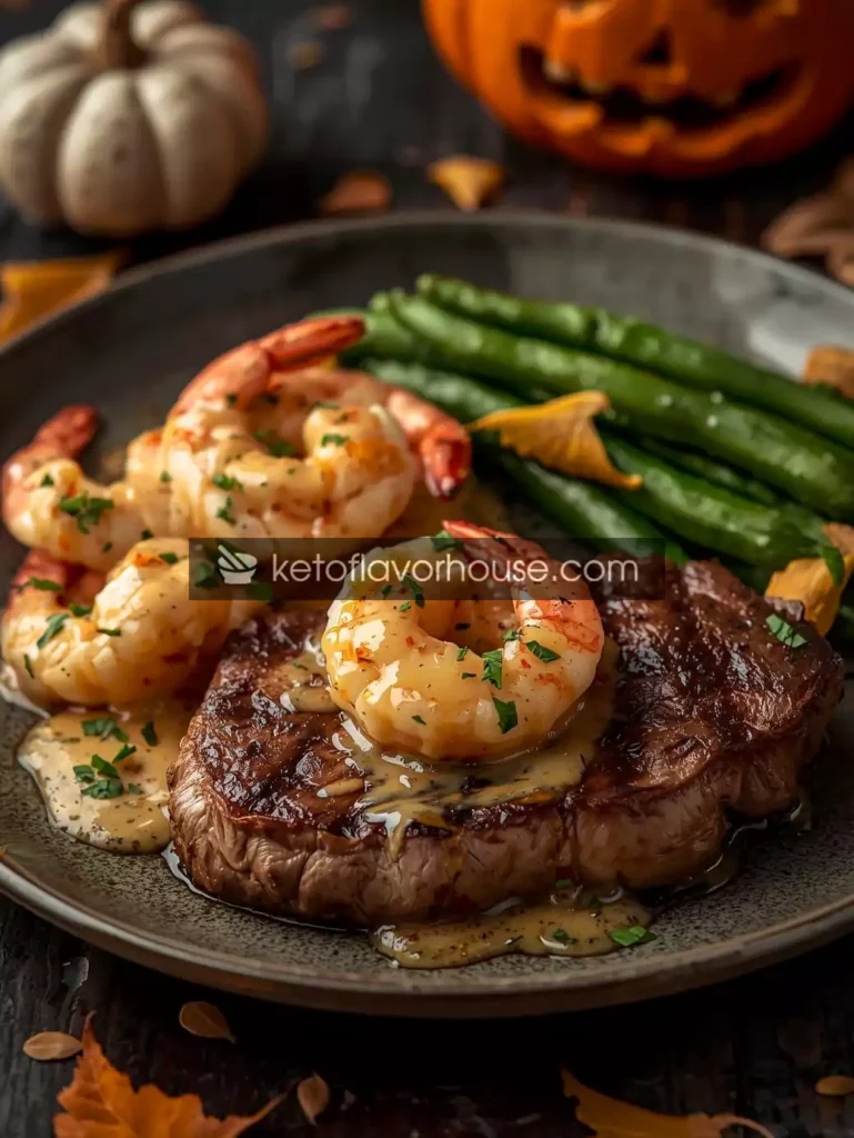 New York Strip Steak with Shrimp in Creamy Garlic Sauce