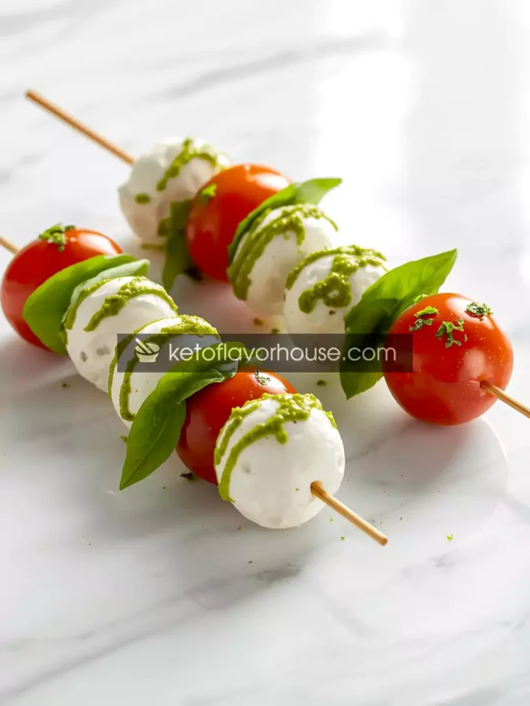 Mini Caprese Skewers with Pesto Drizzle