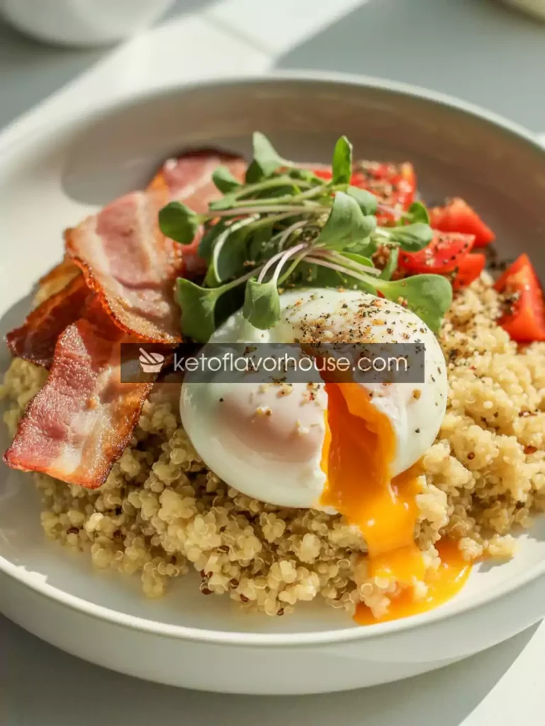Savory Quinoa Breakfast Bowl with Poached Egg & Turkey Bacon