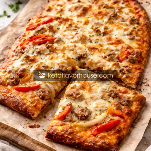 Keto Fathead Sausage Pizza with Onions & Peppers