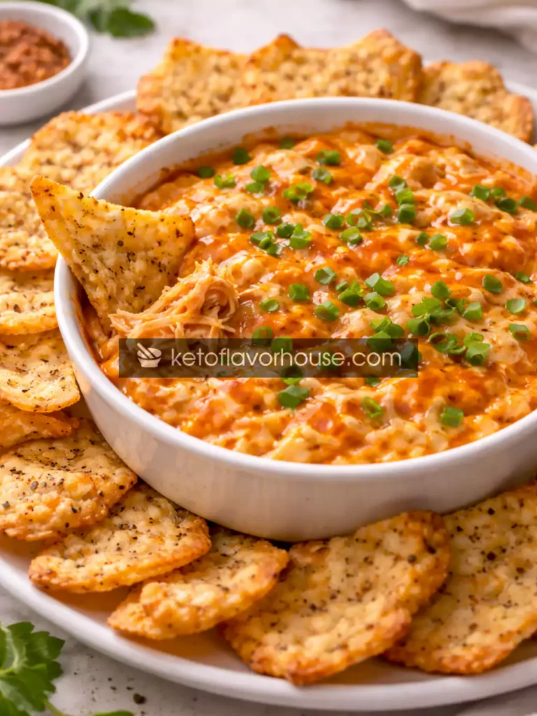 High-Protein Buffalo Chicken Dip with Cottage Cheese Chips