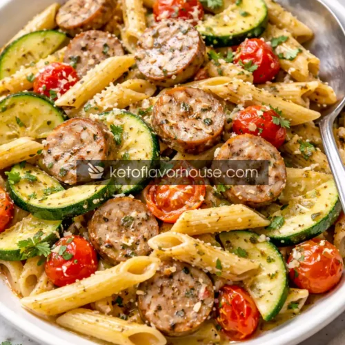 High-Protein Chicken Sausage Pasta with Zucchini & Tomatoes