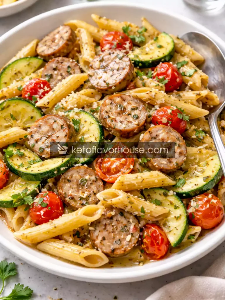 High-Protein Chicken Sausage Pasta with Zucchini & Tomatoes
