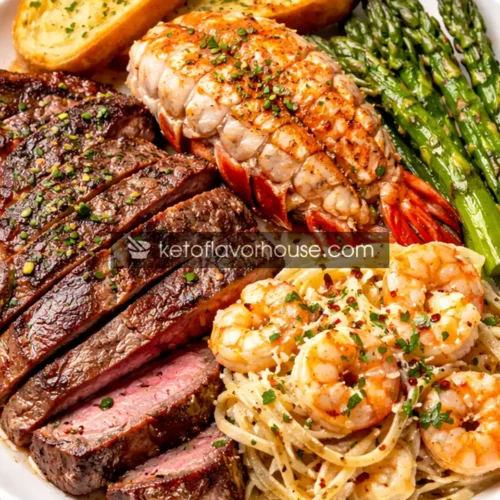 High-Protein Surf and Turf Plate with Ribeye, Lobster & Shrimp Pasta