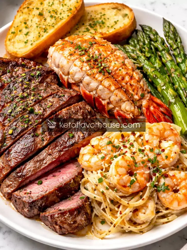 High-Protein Surf and Turf Plate with Ribeye, Lobster & Shrimp Pasta
