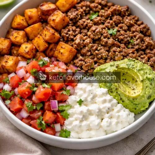 High-Protein Taco Sweet Potato Bowl with Ground Beef & Avocado