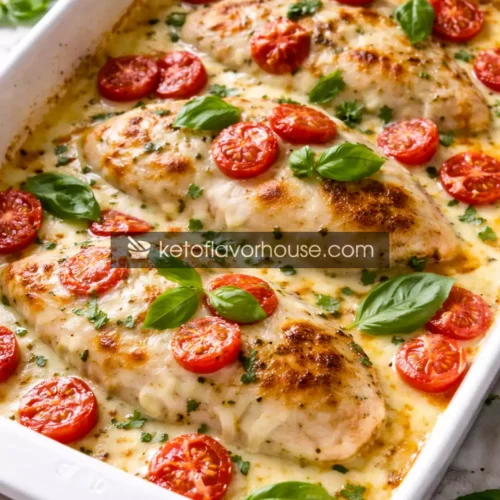 Keto Creamy Mozzarella Caprese Chicken Bake
