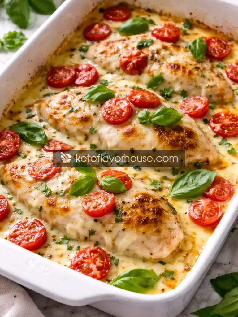 Keto Creamy Mozzarella Caprese Chicken Bake