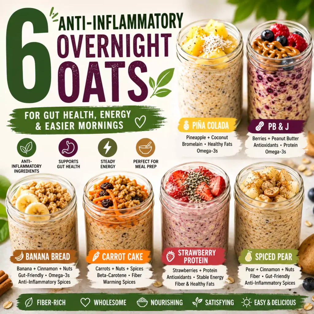 6 Anti-Inflammatory Overnight Oats Ideas for Gut Health, Energy & Easier Mornings