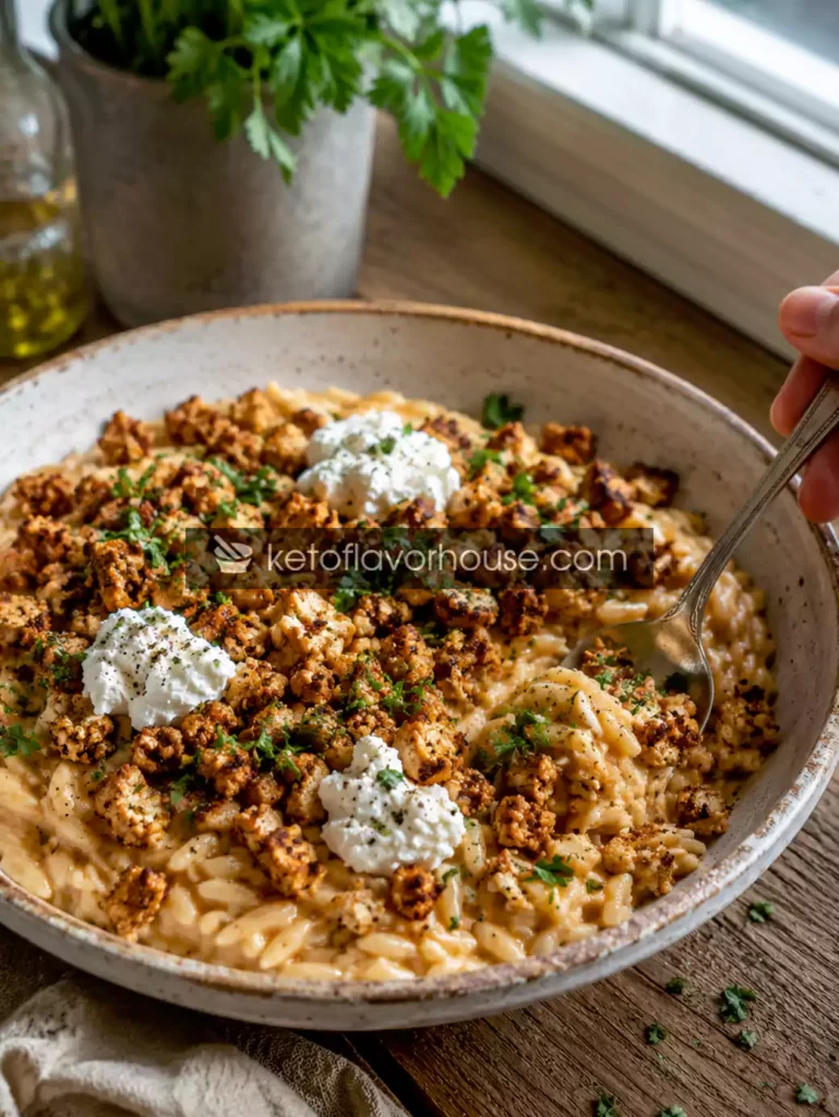 Creamy High-Protein Orzotto with Crispy Tofu