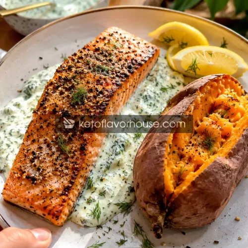 High-Protein Everything Bagel Salmon with Creamy Dill Yogurt Sauce