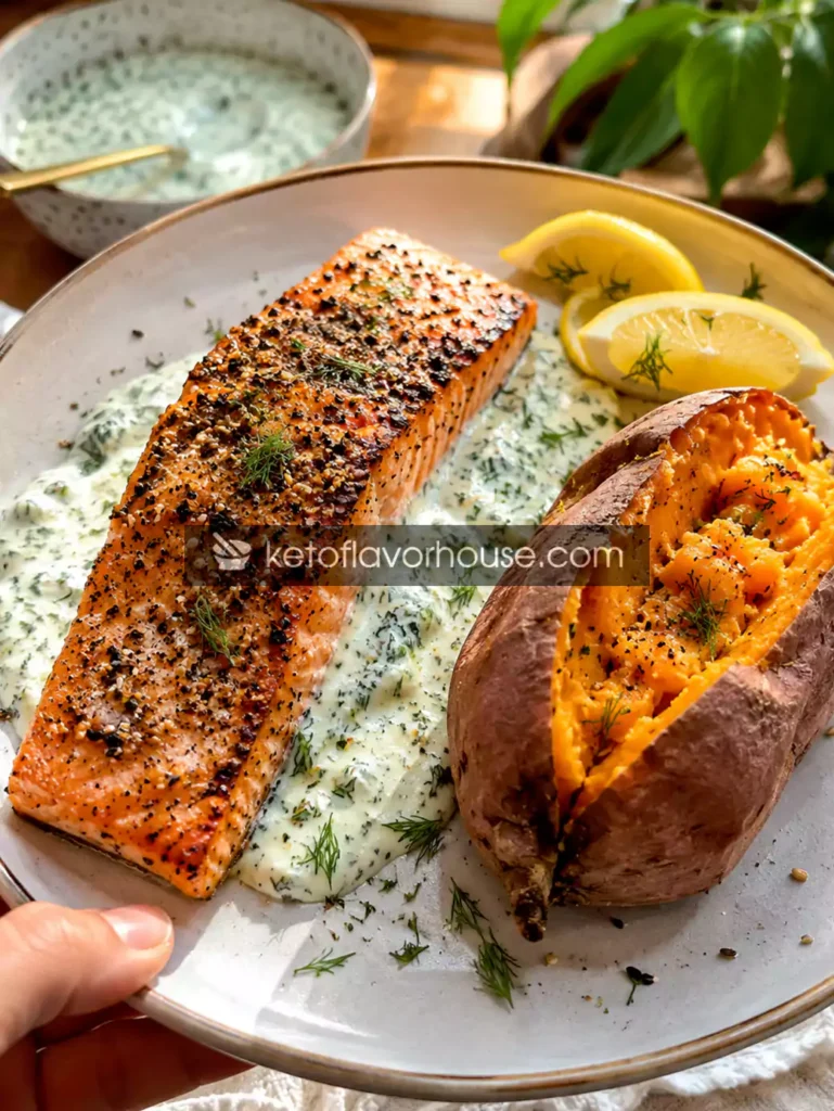 High-Protein Everything Bagel Salmon with Creamy Dill Yogurt Sauce