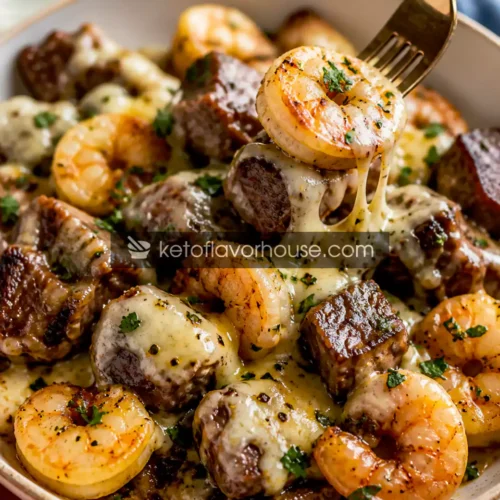Keto Cheesy Steak and Shrimp Skillet Bowl
