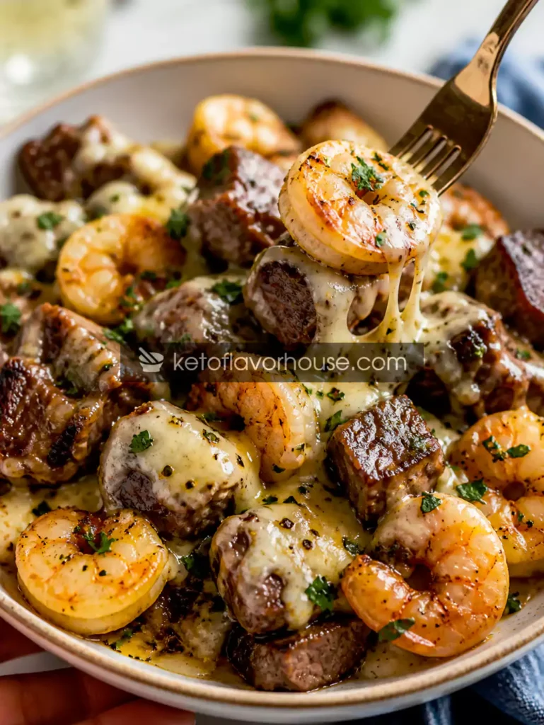 Keto Cheesy Steak and Shrimp Skillet Bowl