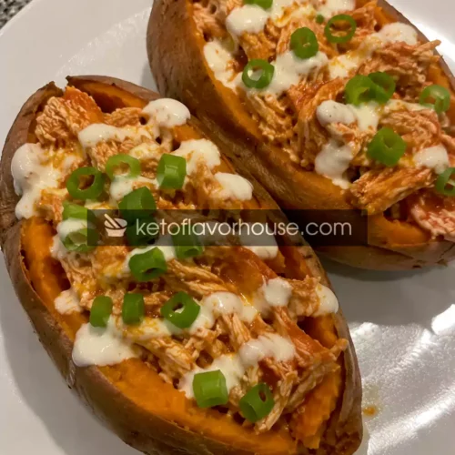 36g Protein Buffalo Chicken Stuffed Sweet Potatoes