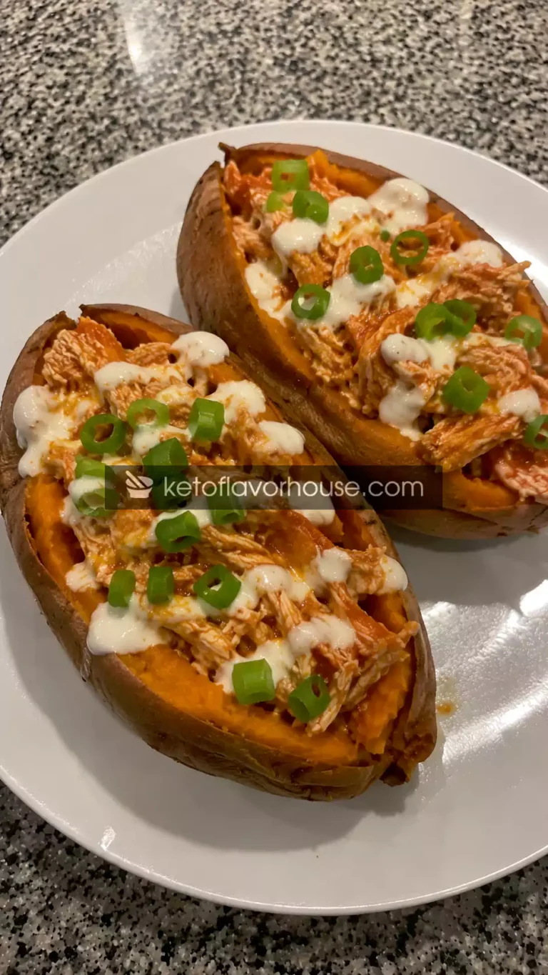 36g Protein Buffalo Chicken Stuffed Sweet Potatoes