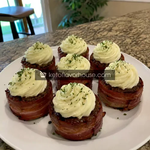 Keto Smoky BBQ Bacon-Wrapped Meatloaf Cupcakes with Cauliflower Mash Frosting