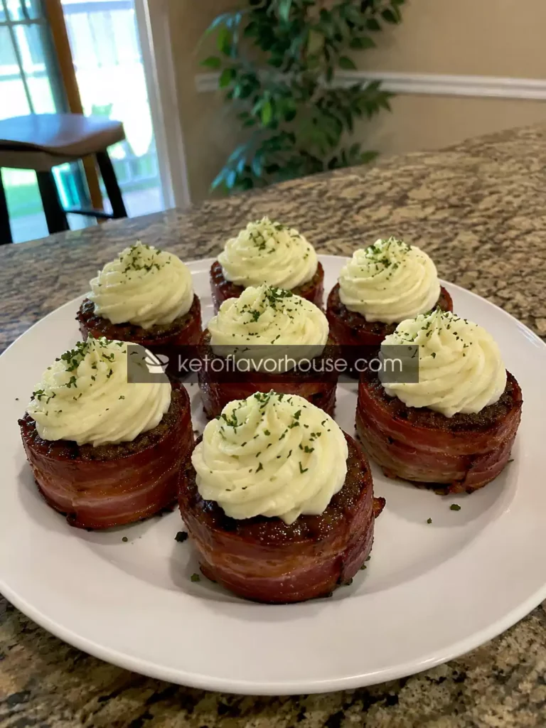 Keto Smoky BBQ Bacon-Wrapped Meatloaf Cupcakes with Cauliflower Mash Frosting