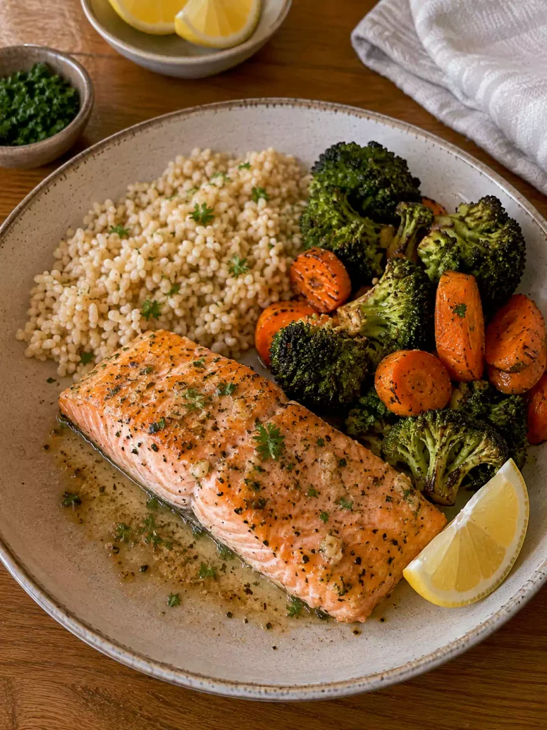 Lemon Garlic Salmon with Brown Rice and Broccoli