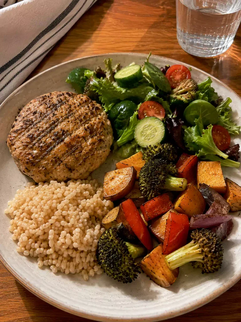 Turkey Burger Plate with Roasted Sweet Potatoes