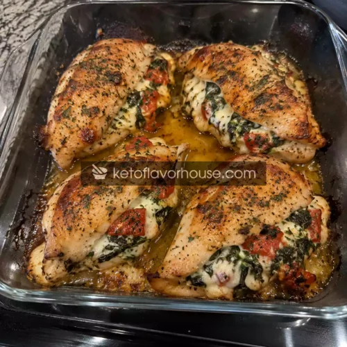 Keto Roasted Red Pepper, Spinach & Mozzarella Stuffed Chicken