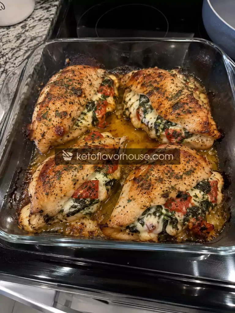 Keto Roasted Red Pepper, Spinach & Mozzarella Stuffed Chicken