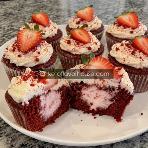 Keto Strawberry Cheesecake-Filled Red Velvet Cupcakes