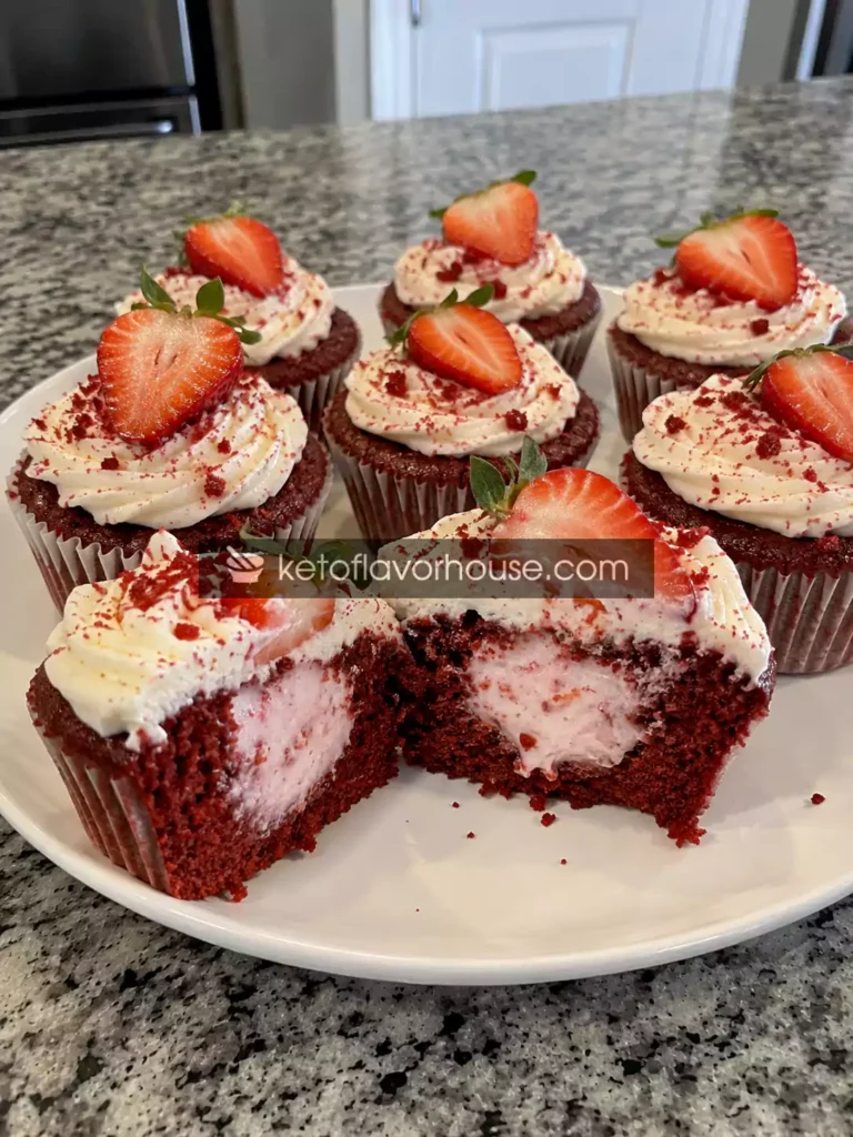 Keto Strawberry Cheesecake-Filled Red Velvet Cupcakes
