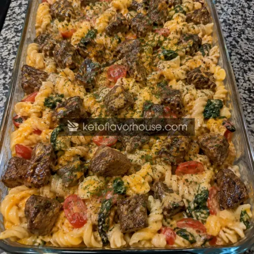 Mediterranean-Style Honey Garlic Steak Bites with Cheesy Twisted Pasta