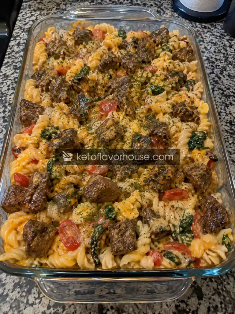 Mediterranean-Style Honey Garlic Steak Bites with Cheesy Twisted Pasta