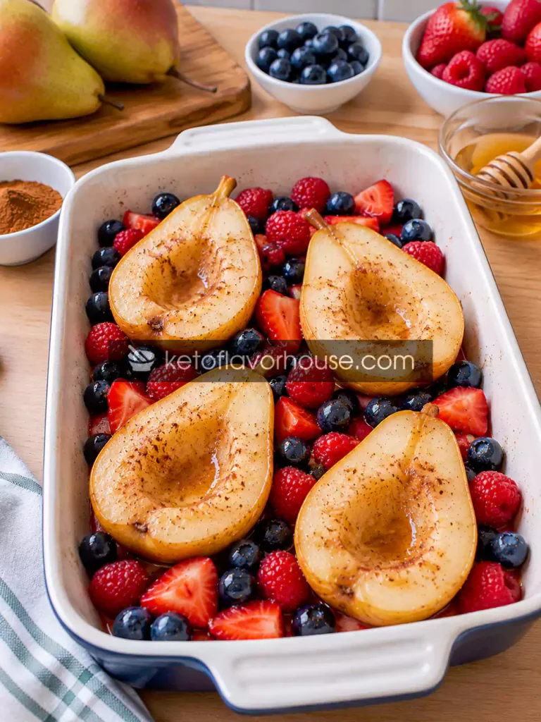 Baked Pears with Honey, Berries, Walnuts & Feta