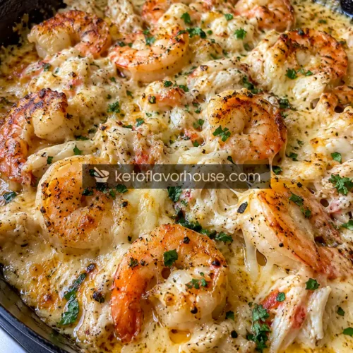 Keto Cheesy Garlic Butter Shrimp & Crab Skillet