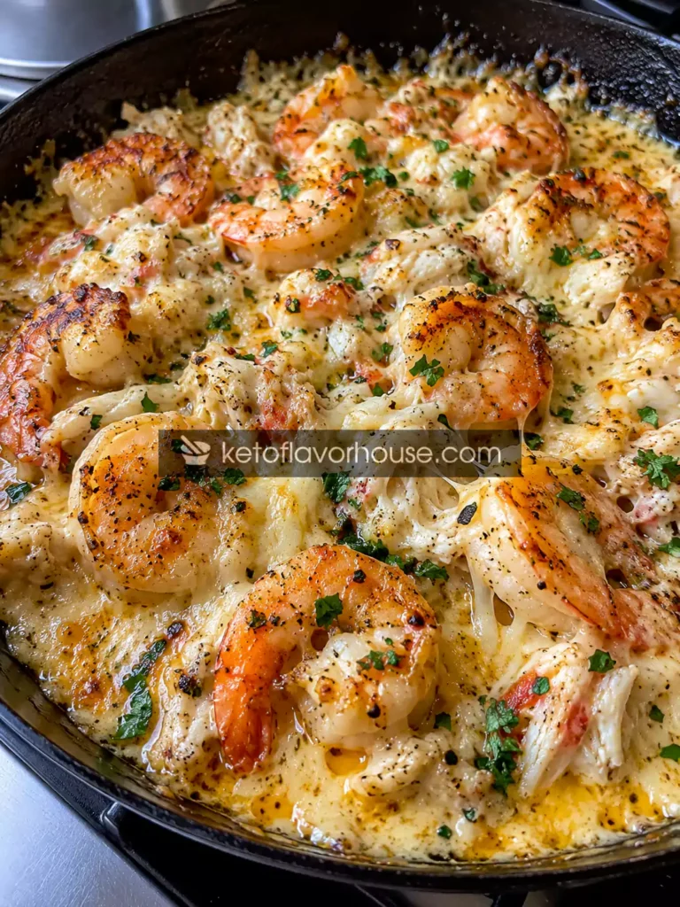 Keto Cheesy Garlic Butter Shrimp & Crab Skillet
